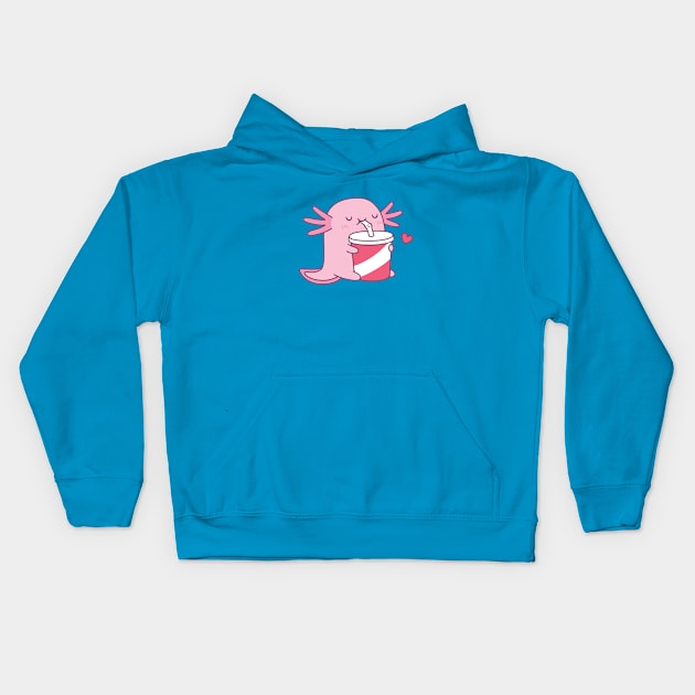 Cute Axolotl Loves Drinking Soda Kids Hoodie by rustydoodle